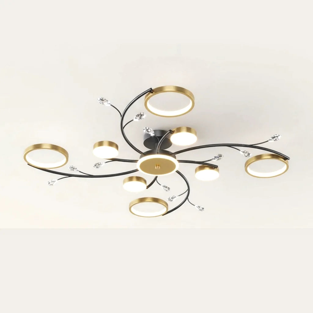 Plafonnier lustre 8 bras noir et doré à anneaux LED et cristaux