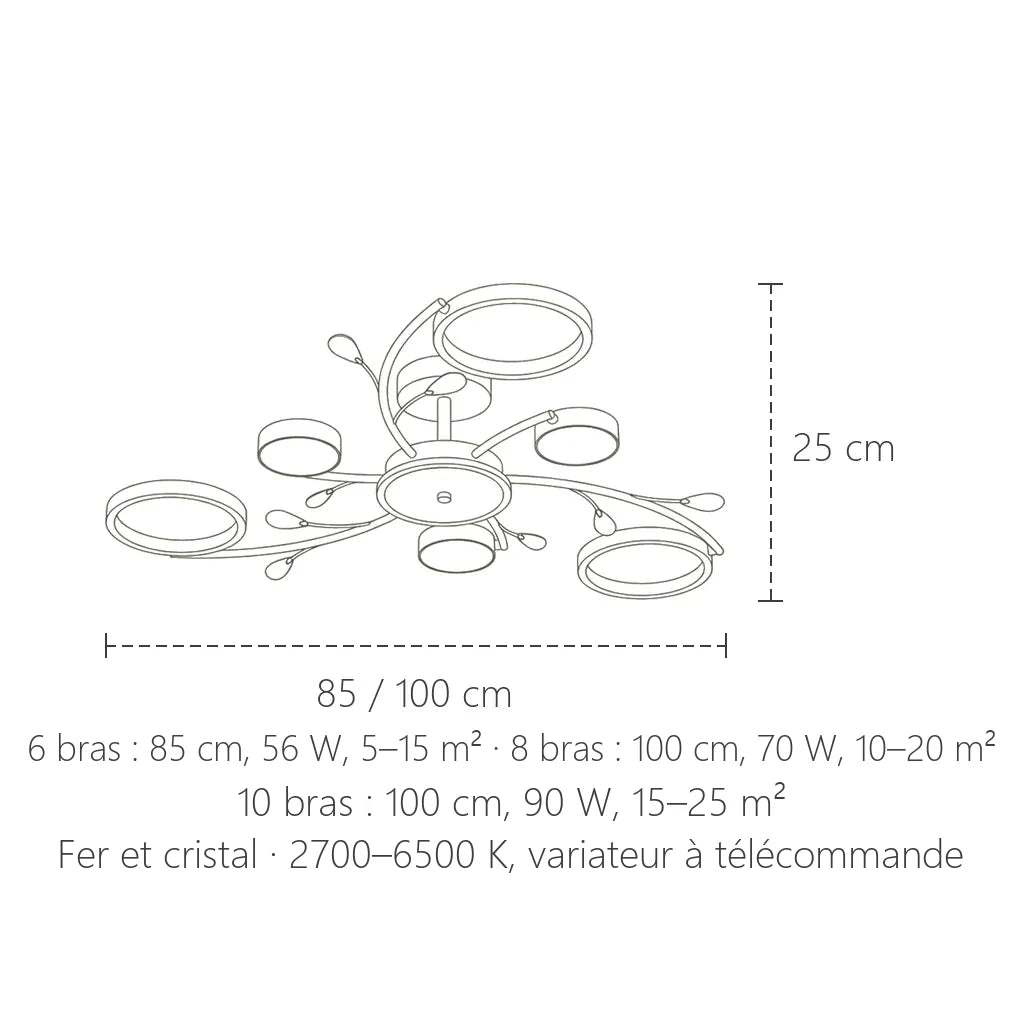Dimensions du plafonnier lustre à anneaux LED : 85 ou 100 cm, hauteur 25 cm