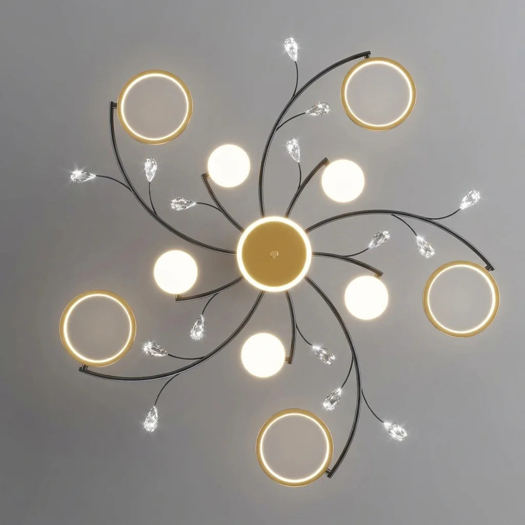 Plafonnier lustre à anneaux vu de dessous