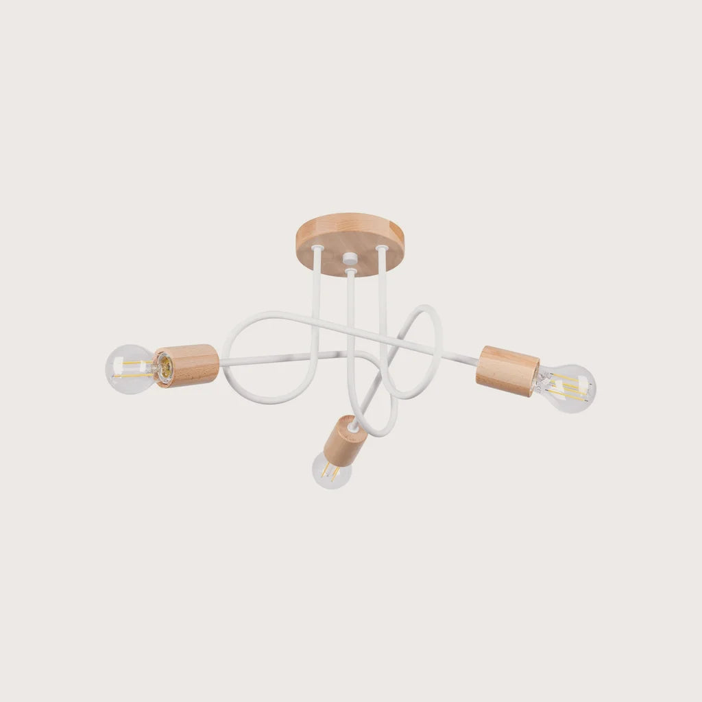 Plafonnier lustre bois et bras en boucle, coloris blanc et bois naturel (3 lumières)