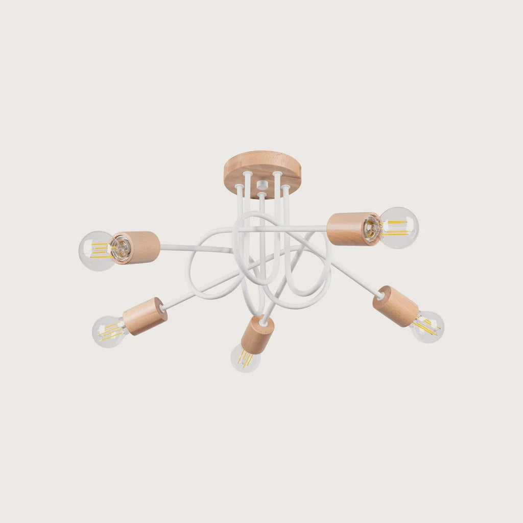 Plafonnier lustre bois et bras en boucle, coloris blanc et bois naturel (5 lumières)