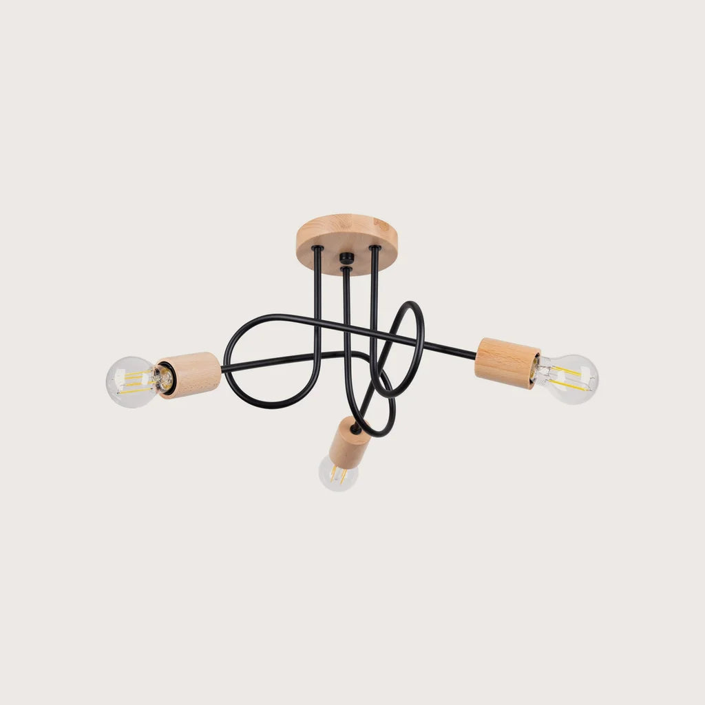 Plafonnier lustre bois et bras en boucle, coloris noir et bois naturel (3 lumières)