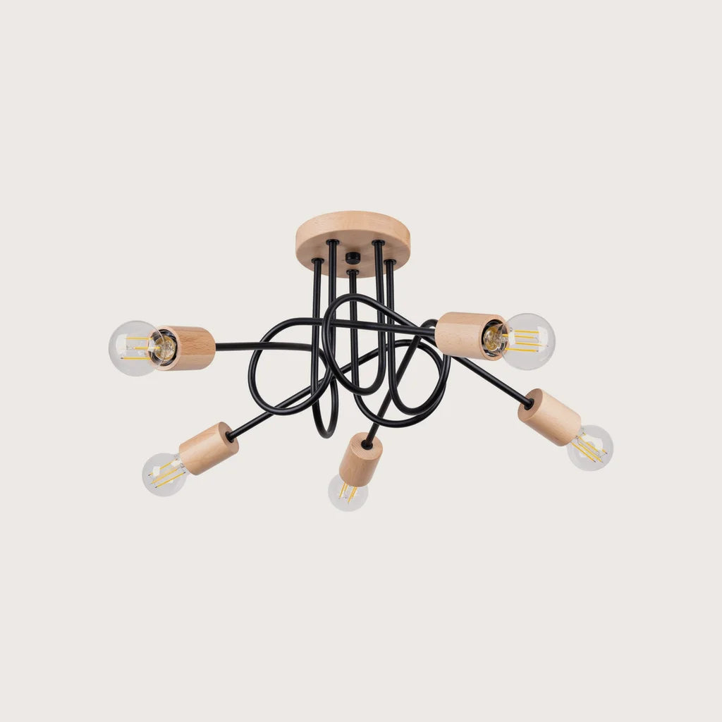 Plafonnier lustre bois et bras en boucle, coloris noir et bois naturel (5 lumières)
