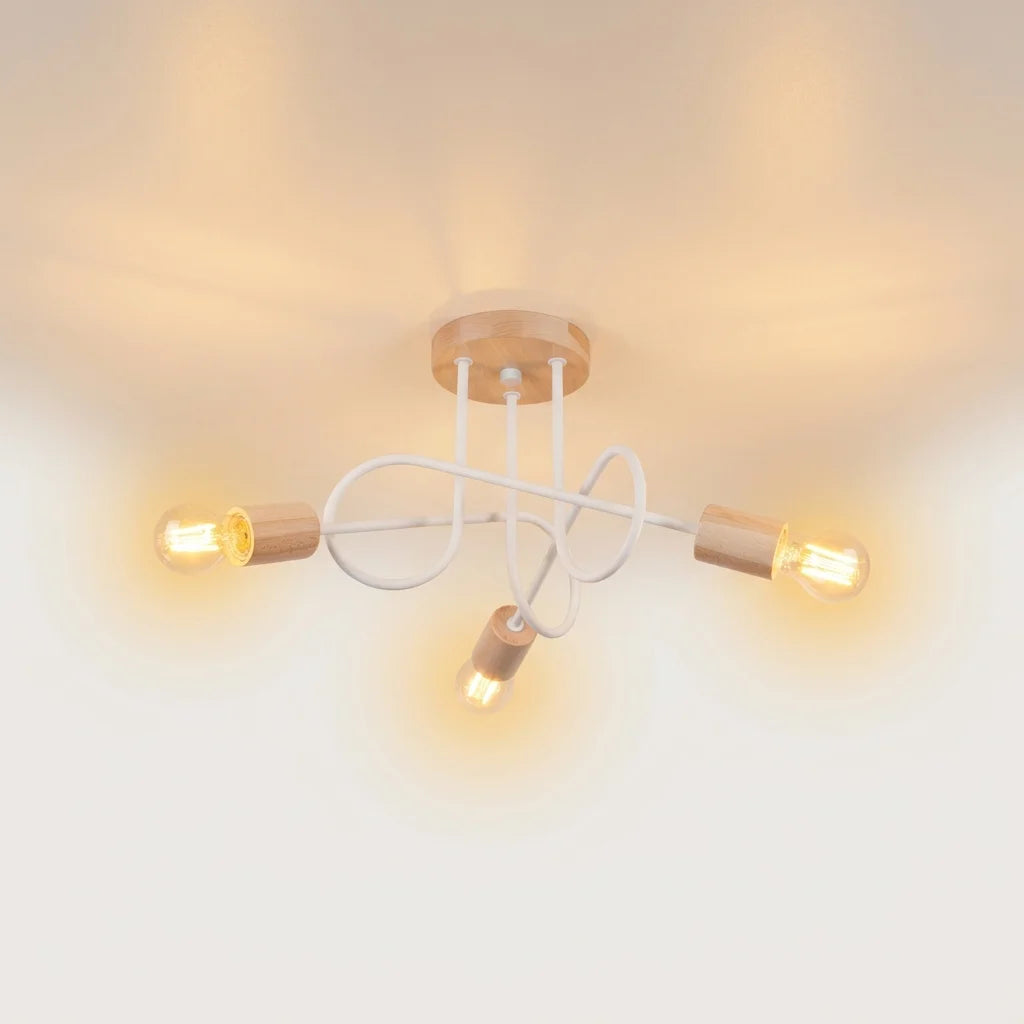 Plafonnier lustre bois et bras en boucle allumé