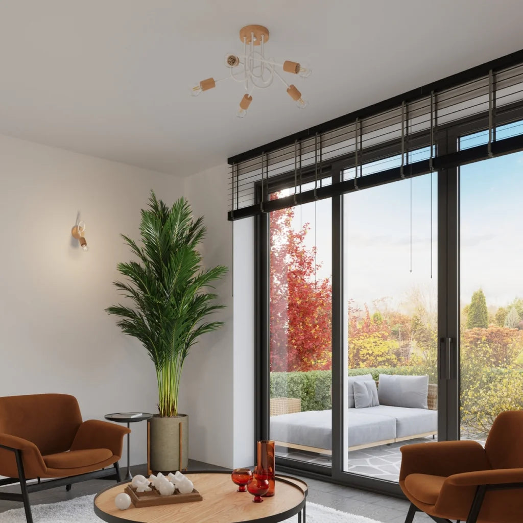 Plafonnier lustre bois et bras en boucle dans un salon