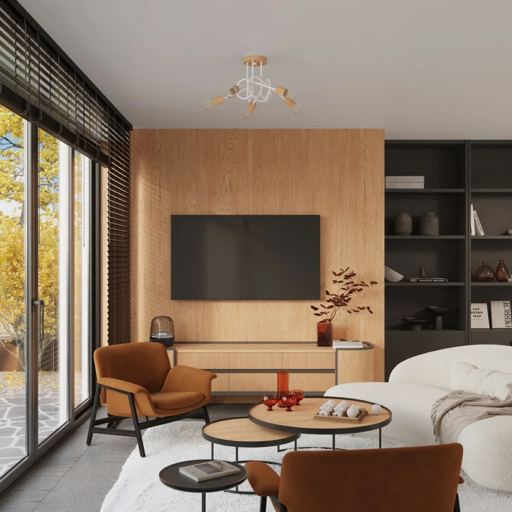 Plafonnier lustre bois et bras en boucle dans un salon