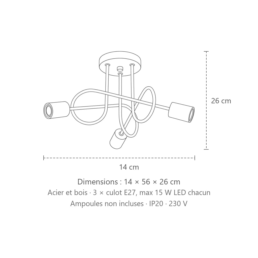 Dimensions : plafonnier lustre bois et bras en boucle (3 lumières), 14 × 56 × 26 cm