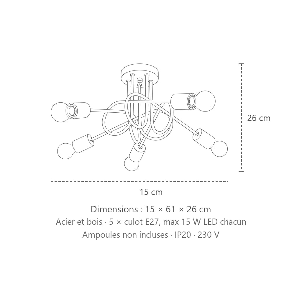Dimensions : plafonnier lustre bois et bras en boucle (5 lumières), 15 × 61 × 26 cm