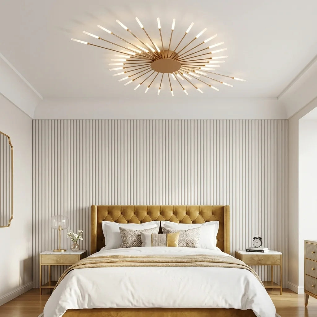 Plafonnier lustre feu d’artifice doré dans une chambre élégante
