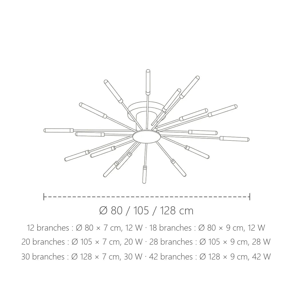 Dimensions du plafonnier lustre feu d’artifice : Ø 80, 105 ou 128 cm