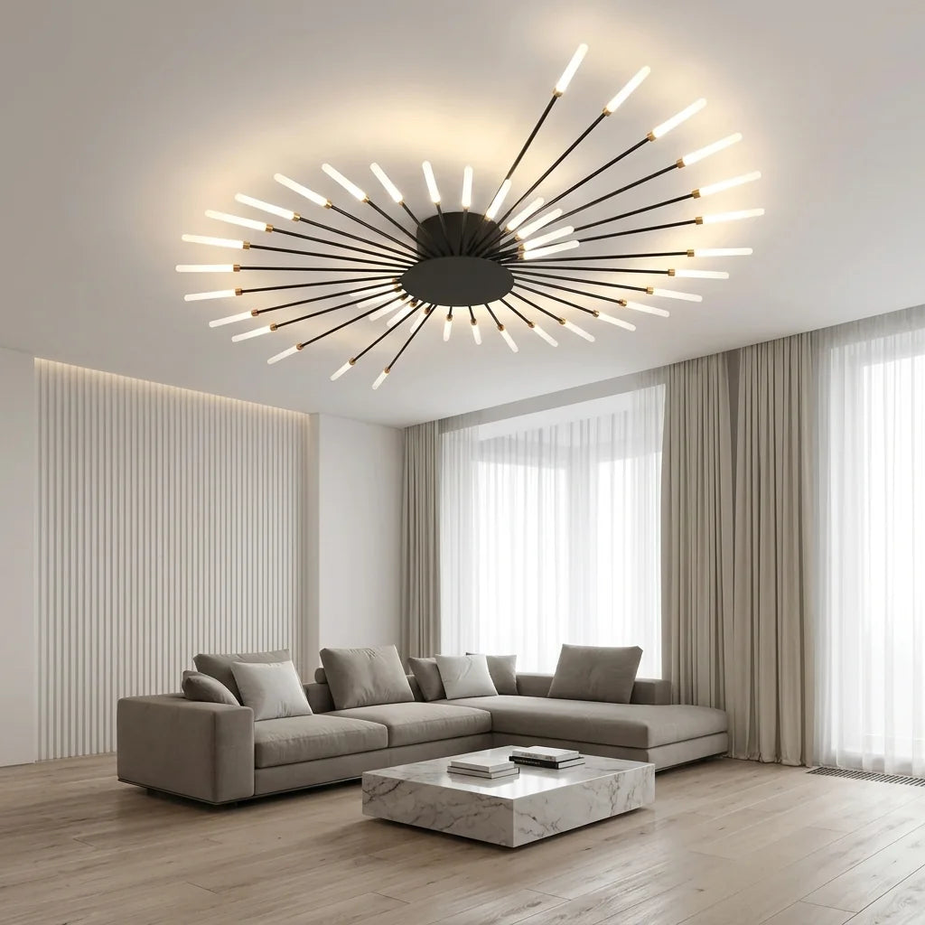 Plafonnier lustre feu d’artifice noir dans un salon moderne