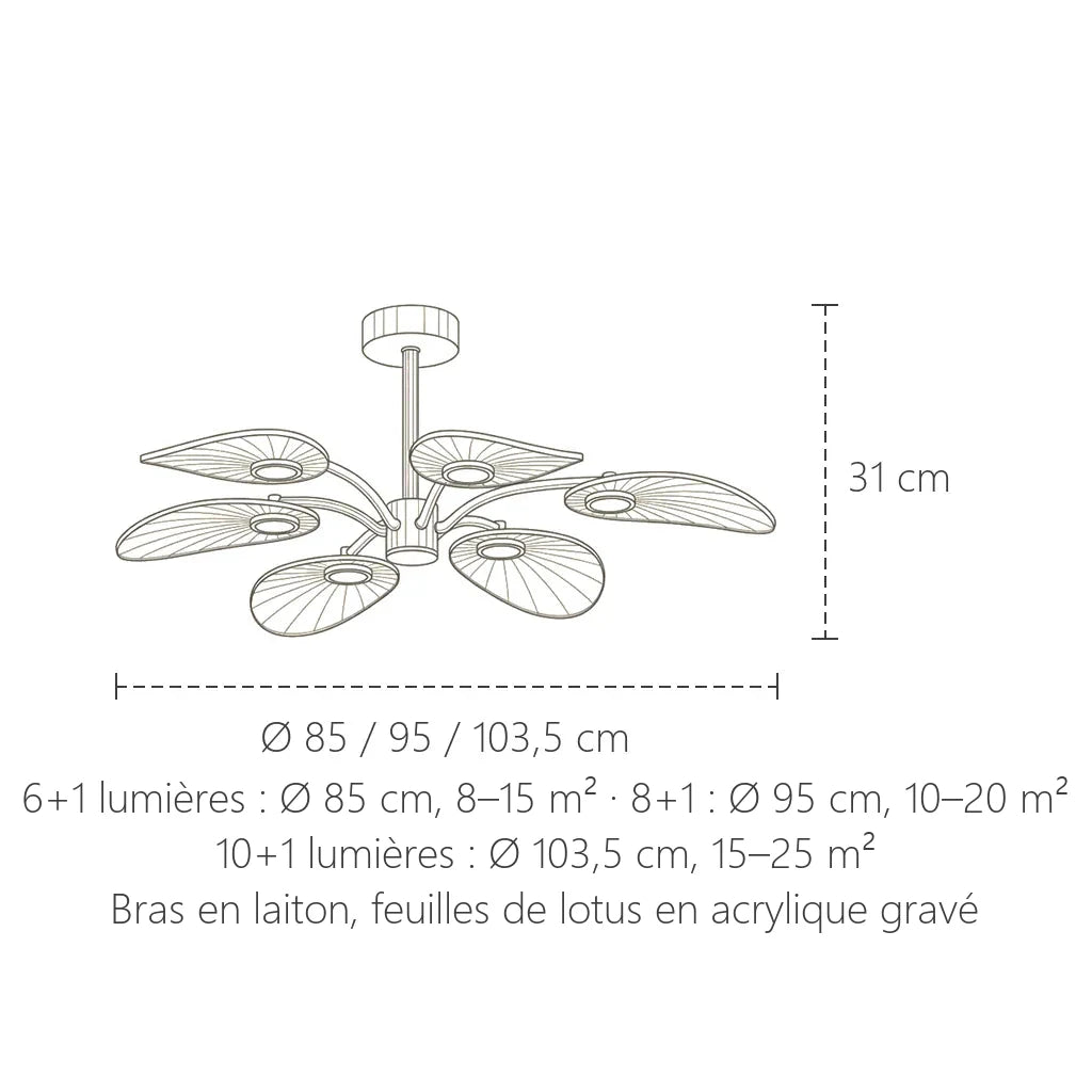 Dimensions du plafonnier lustre feuilles de lotus : Ø 85, 95 ou 103,5 cm, 31 cm de haut