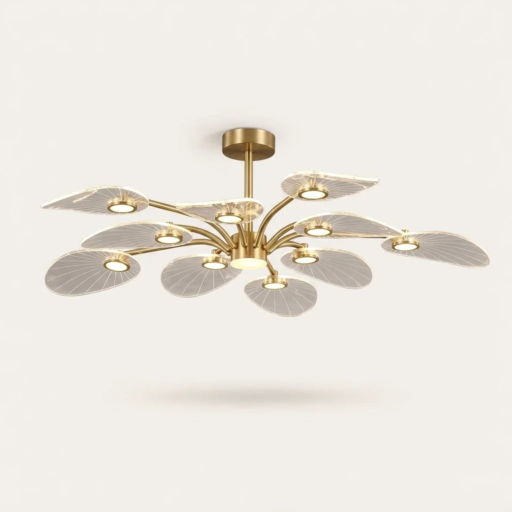Plafonnier lustre à 10 bras en laiton et feuilles de lotus