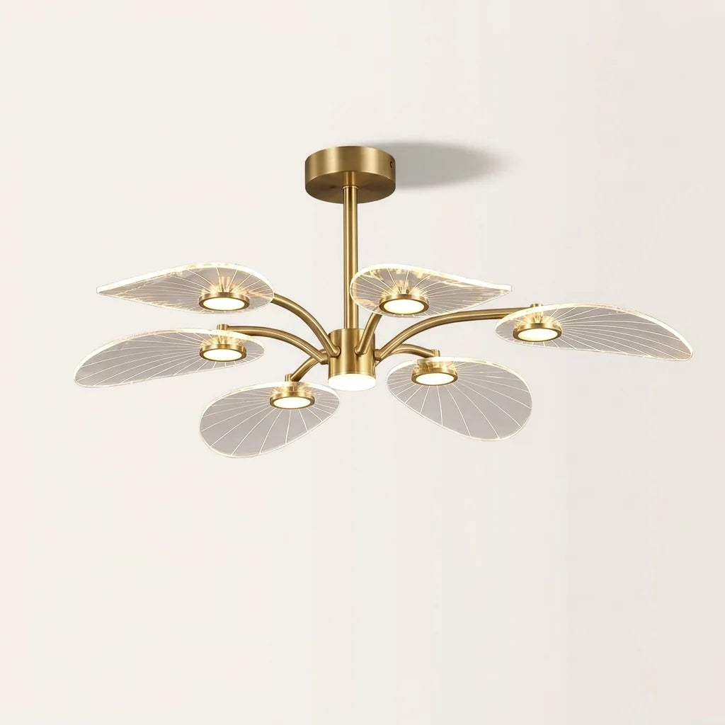 Plafonnier lustre à 6 bras en laiton et feuilles de lotus