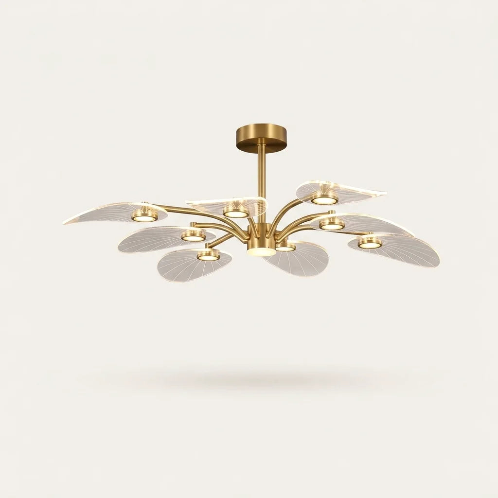 Plafonnier lustre à 8 bras en laiton et feuilles de lotus