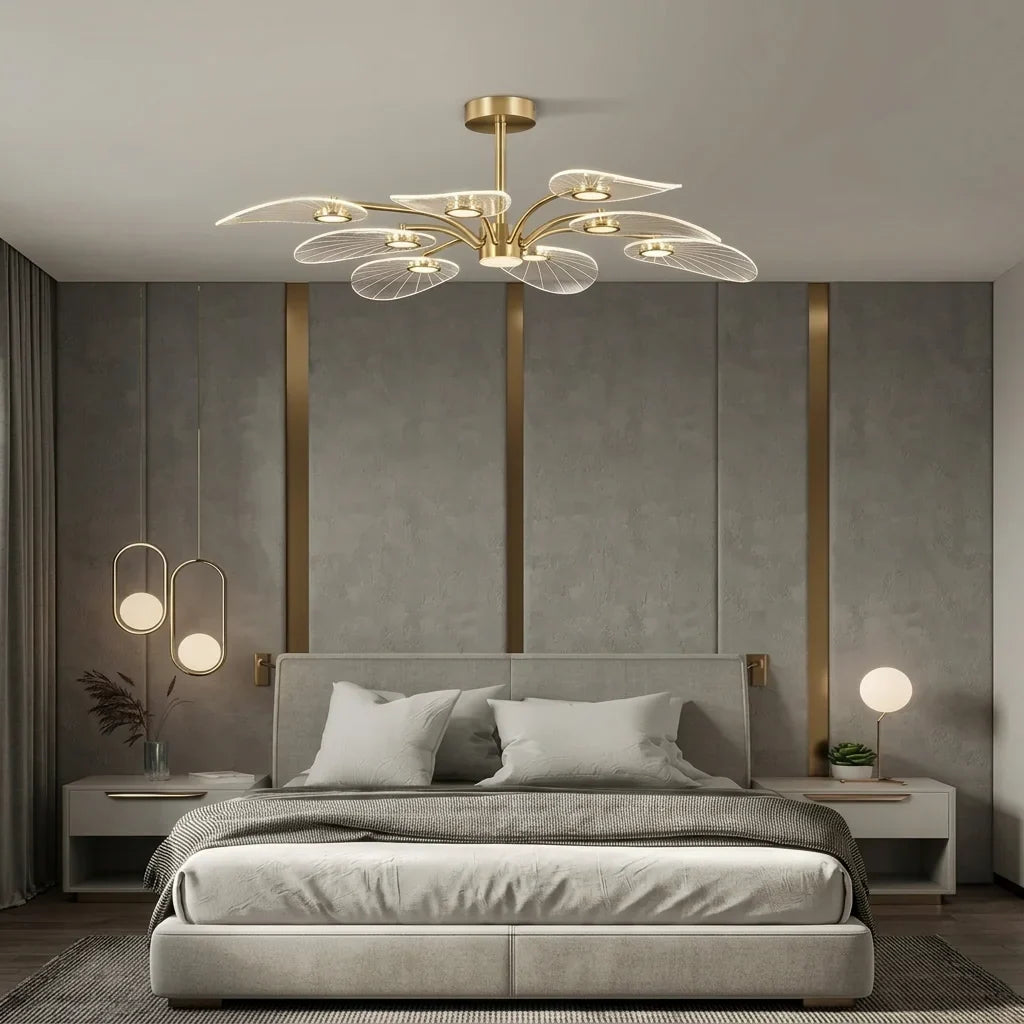 Lustre feuilles de lotus dans une chambre élégante grise
