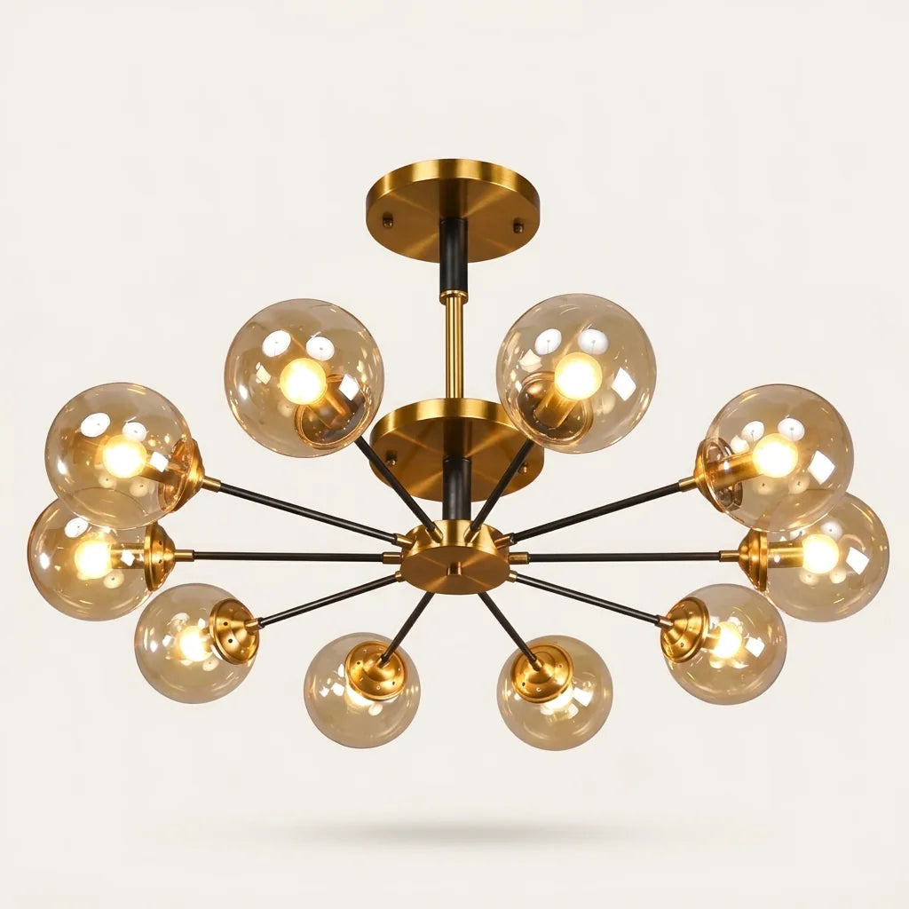 Plafonnier lustre moléculaire à 10 globes en verre ambré, allumé