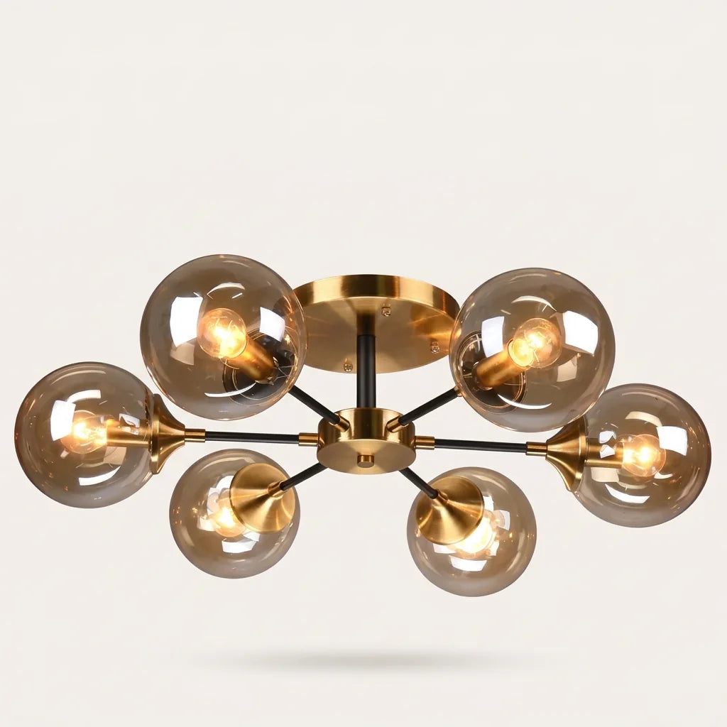 Plafonnier lustre moléculaire à 6 globes en verre ambré