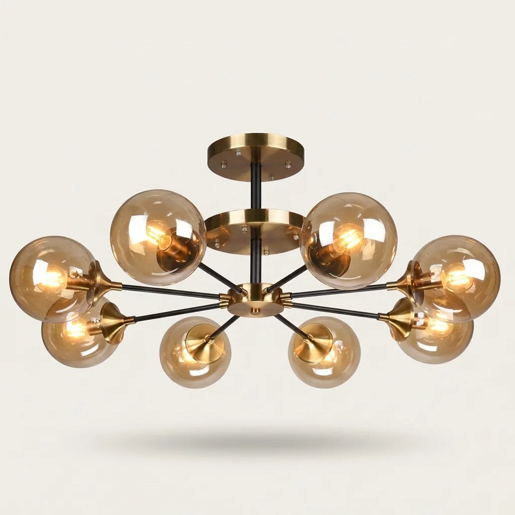 Plafonnier lustre moléculaire à 8 globes en verre ambré