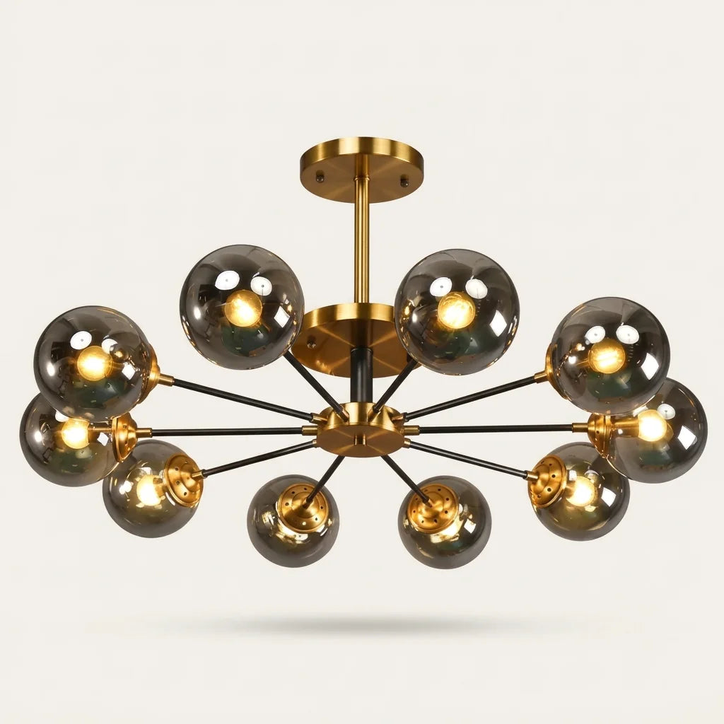 Plafonnier lustre moléculaire à 10 globes en verre fumé