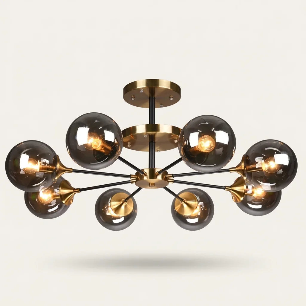 Plafonnier lustre moléculaire à 8 globes en verre fumé
