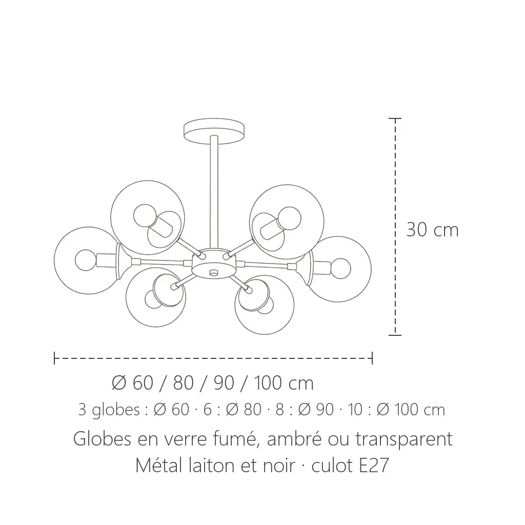 Dimensions du plafonnier lustre moléculaire : Ø 60 à 100 cm, 30 cm de haut