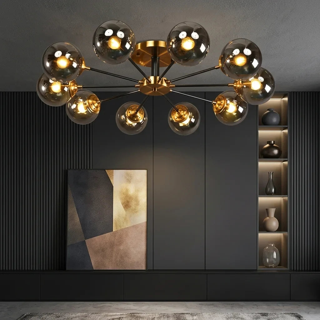 Lustre moléculaire fumé dans une pièce sombre et élégante