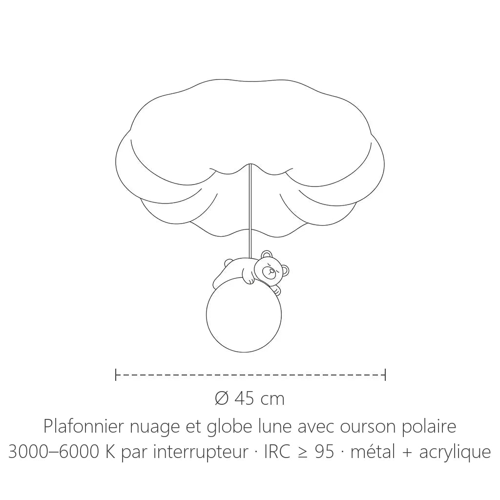 Dimensions du plafonnier nuage et ourson lune : Ø 45 cm