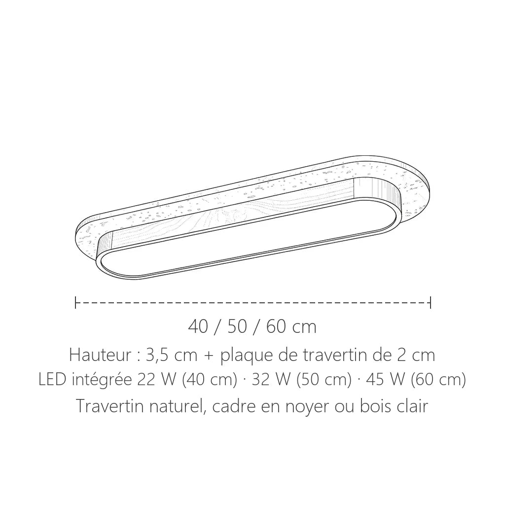 Dimensions du plafonnier oblong en travertin et bois : 40, 50 ou 60 cm de long
