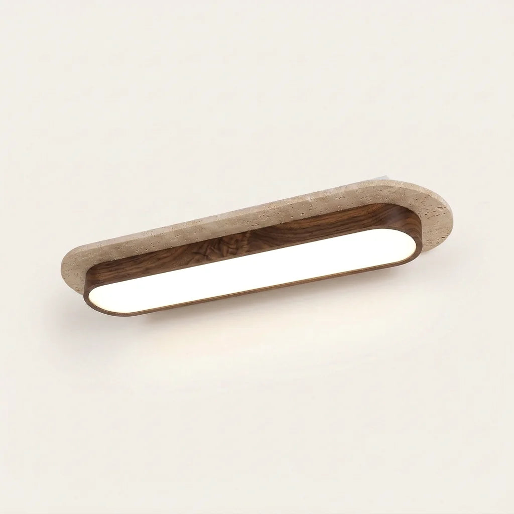 Plafonnier oblong en travertin et noyer, LED allumée