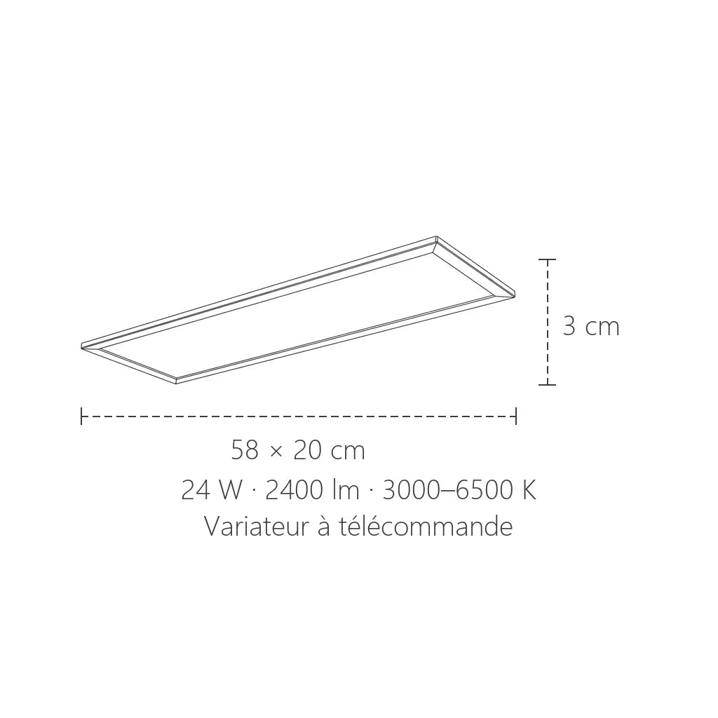 Dimensions du panneau LED : 58 × 20 cm, 3 cm d’épaisseur