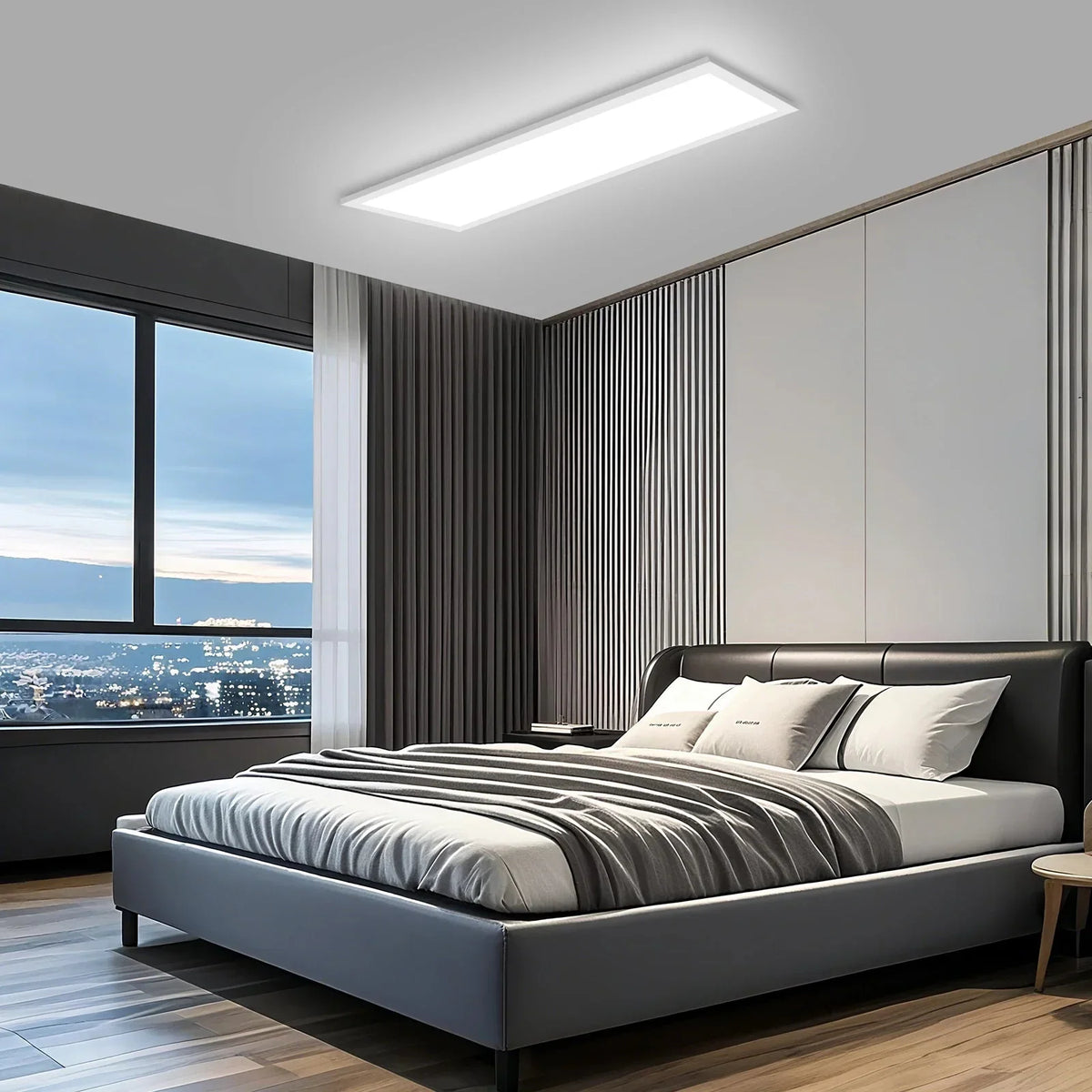 Panneau LED rectangulaire dans une chambre moderne