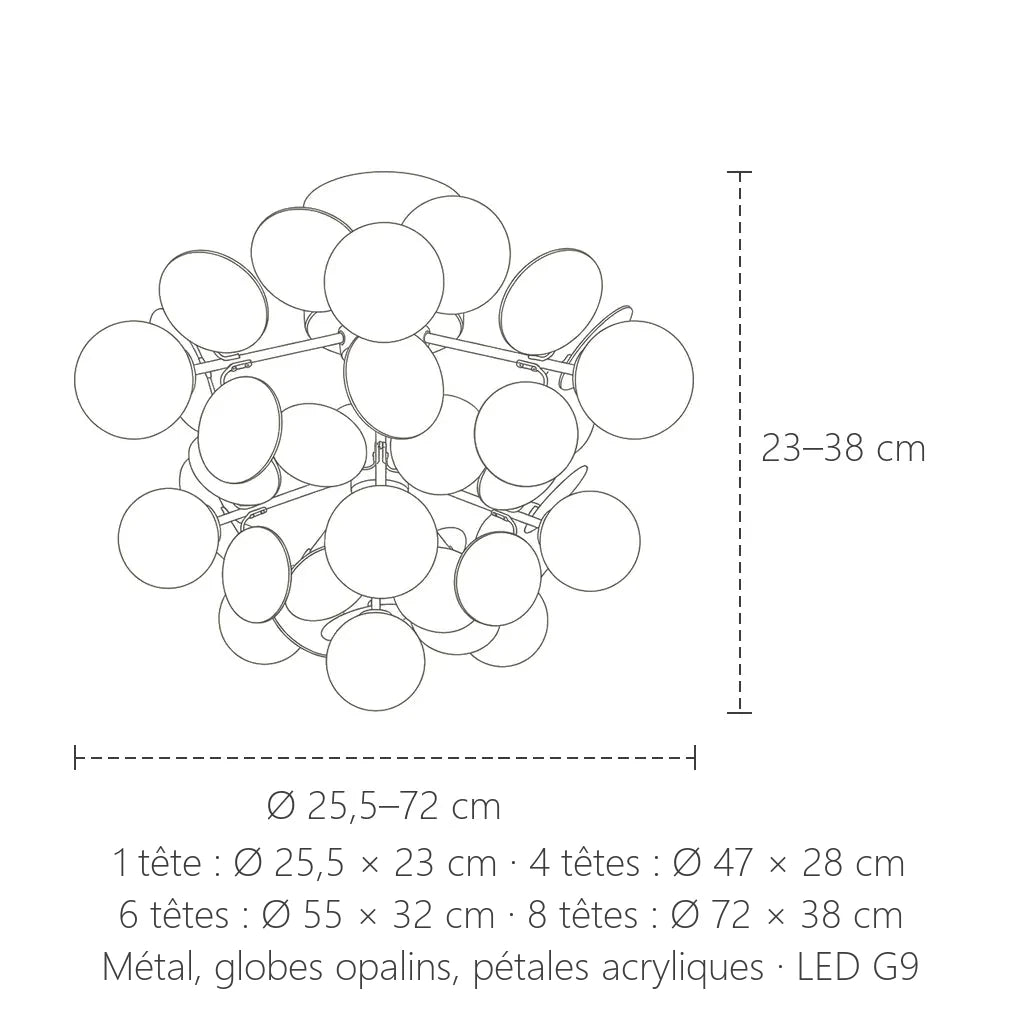 Dimensions du plafonnier pétales colorés et globes : Ø 25,5 à 72 cm, hauteur 23 à 38 cm