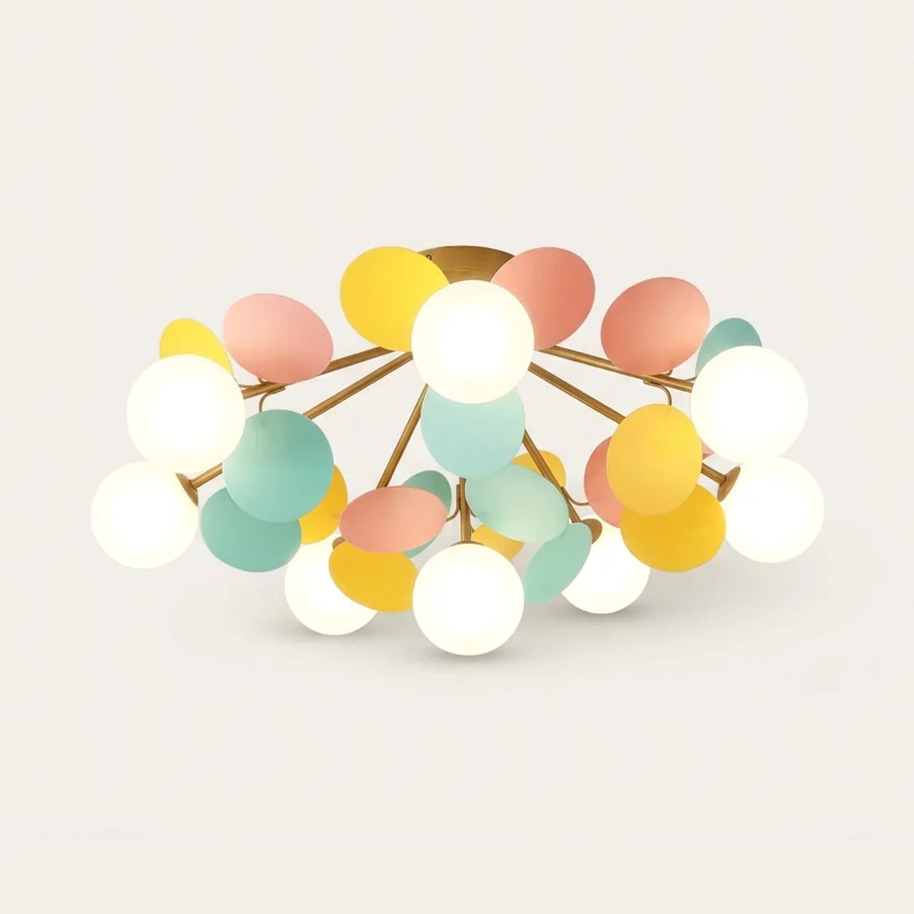 Plafonnier 8 têtes à pétales pastel et globes opalins