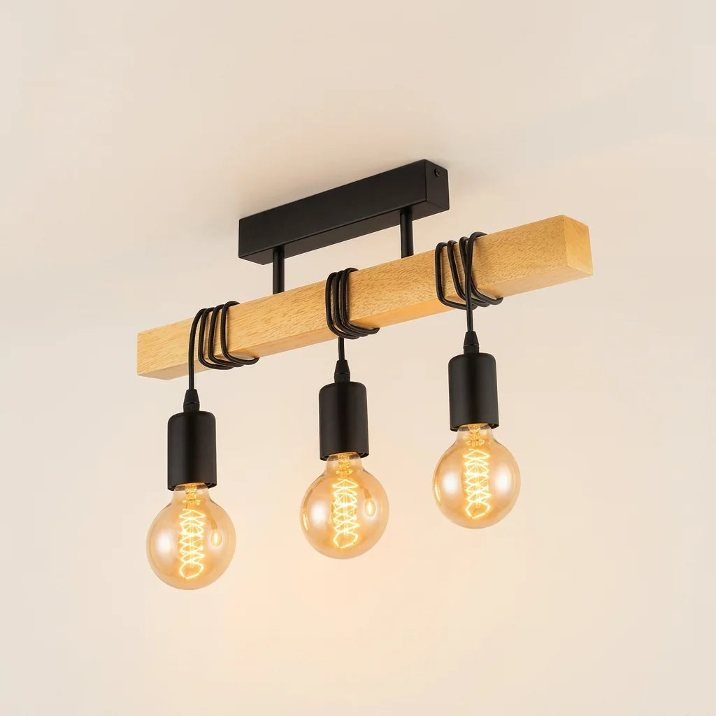 Plafonnier poutre en bois à 3 ampoules Edison suspendues, lumière chaude