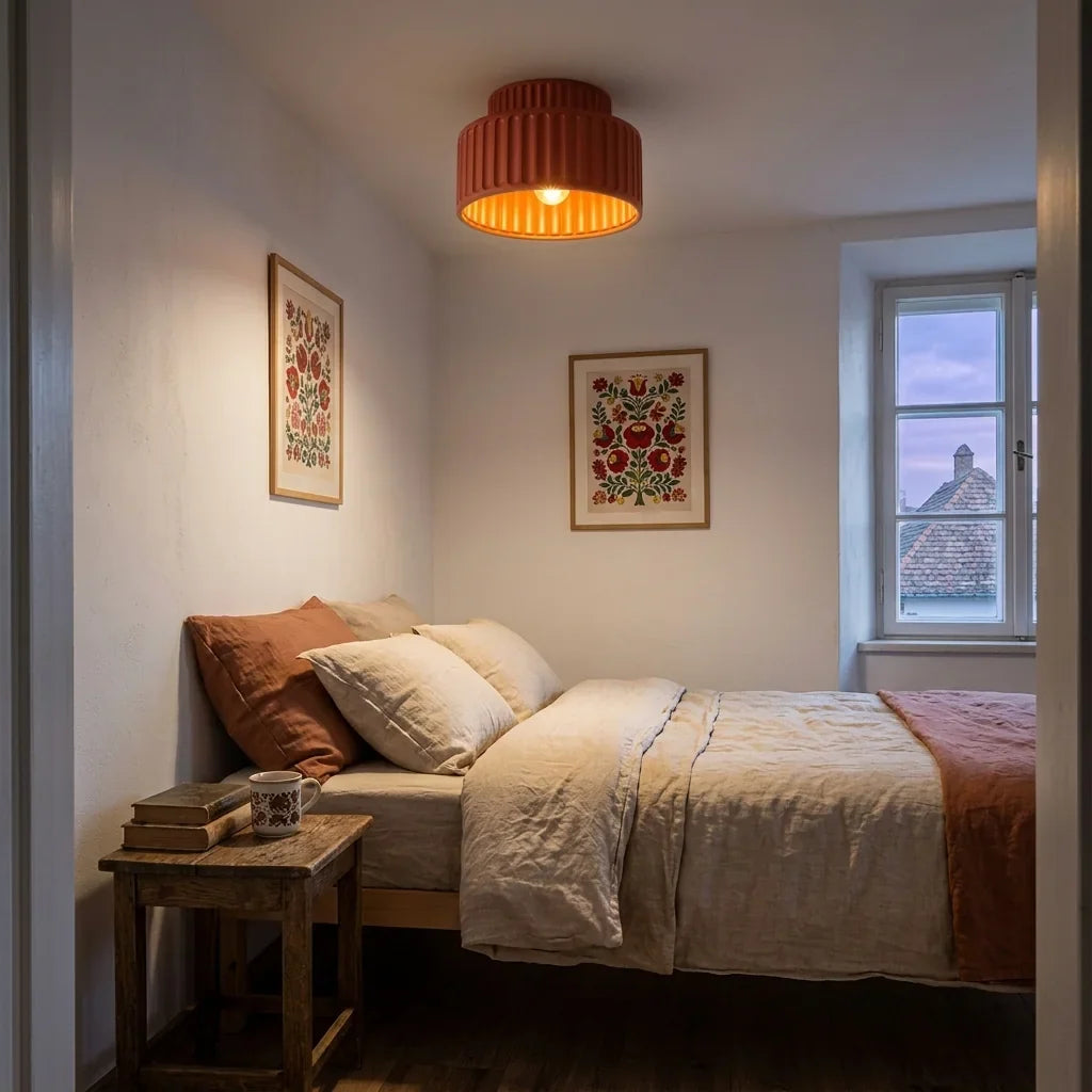 Plafonnier terracotta dans une chambre chaleureuse