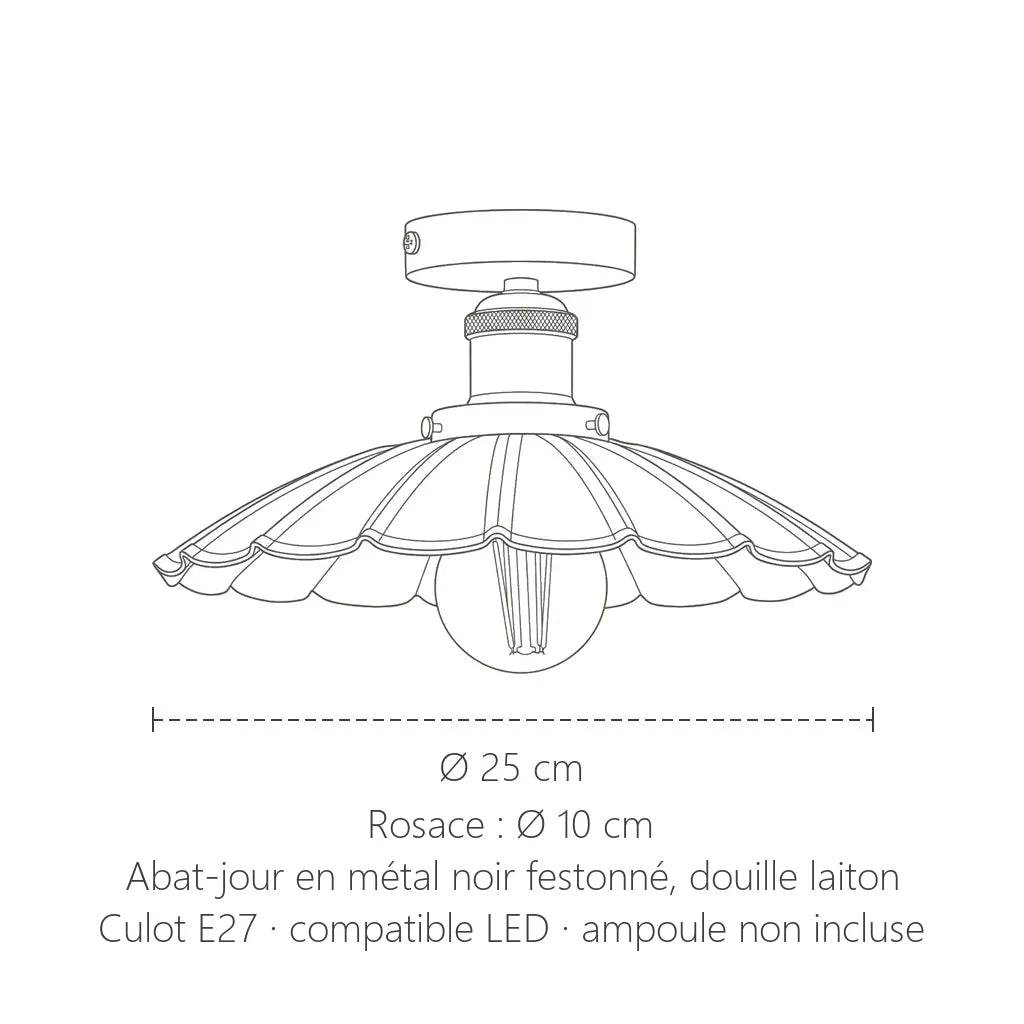 Dimensions du plafonnier rétro corolle noire : Ø 25 cm