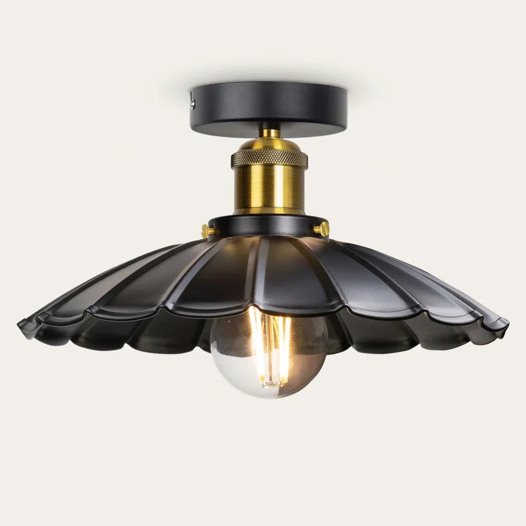 Plafonnier rétro à corolle festonnée noire et ampoule Edison