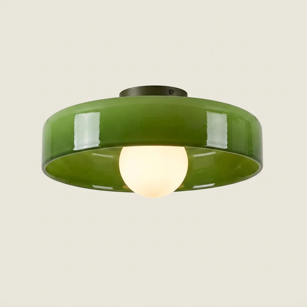 Plafonnier rétro à coupe en verre vert et globe opalin
