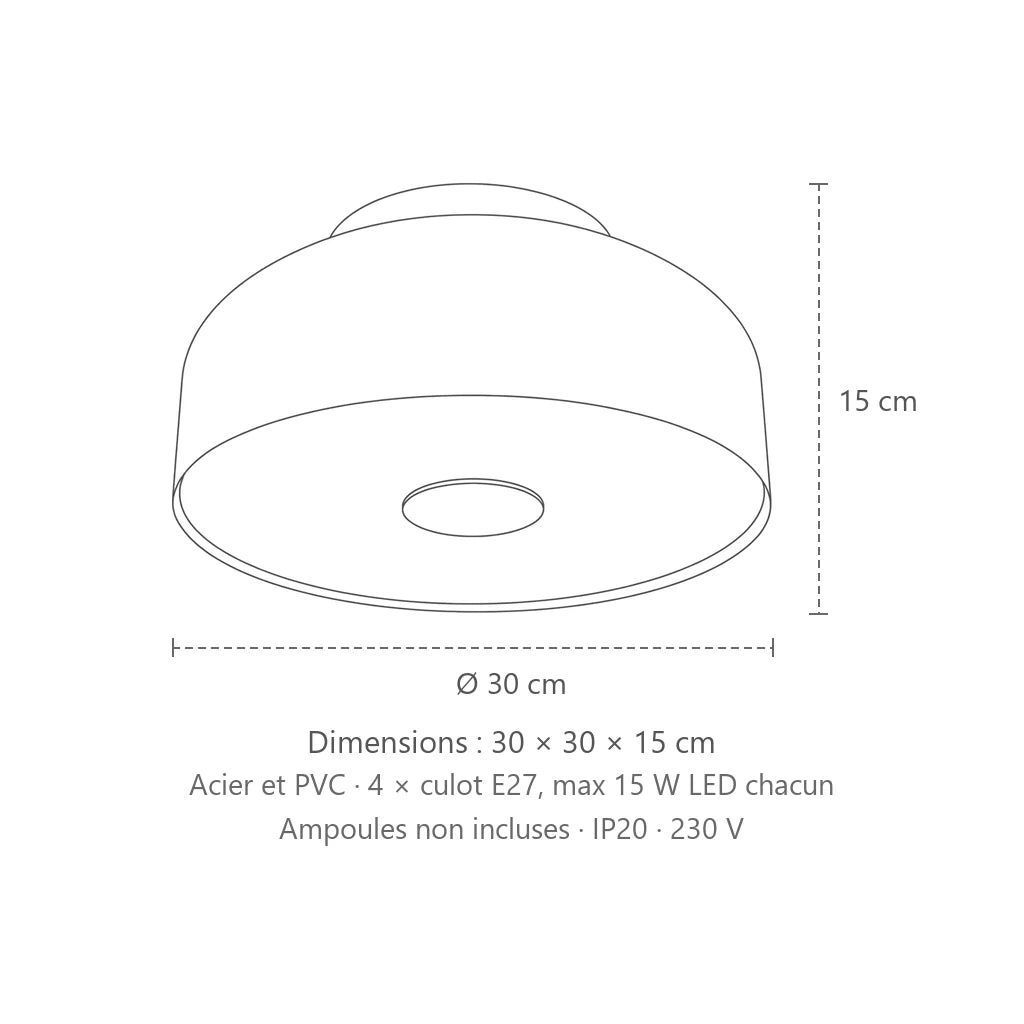 Dimensions : plafonnier rond arrondi à diffuseur laiteux, 30 × 30 × 15 cm