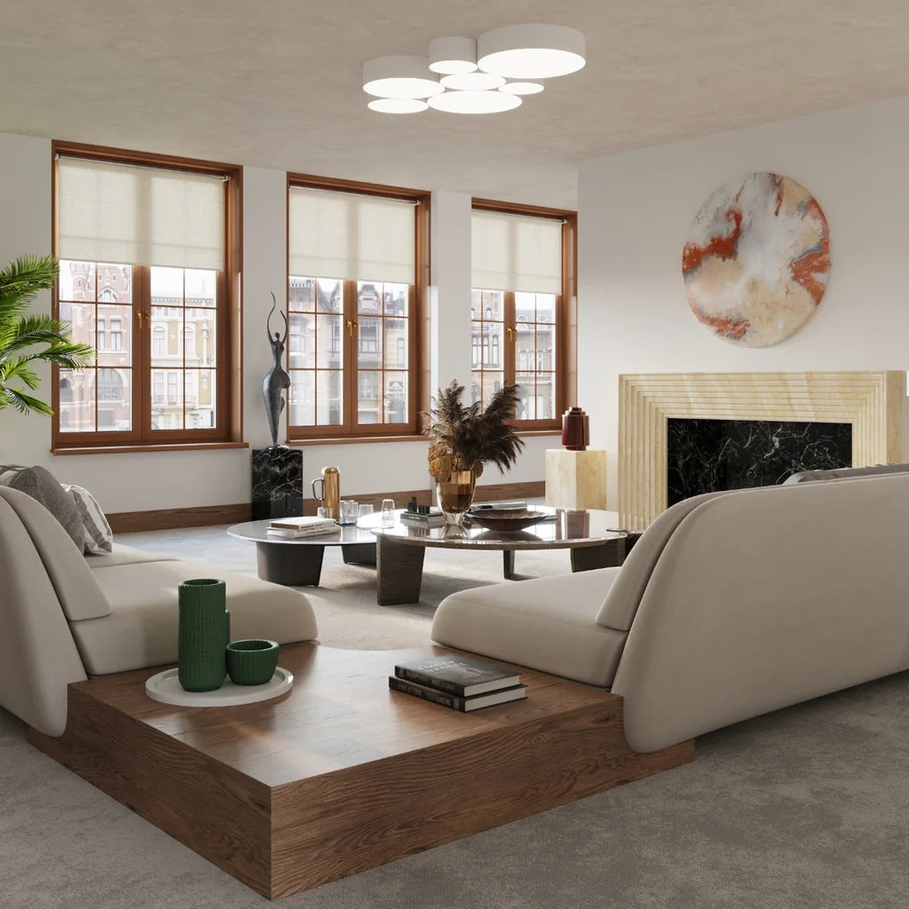 Plafonnier rond cylindrique blanc ou noir dans un salon