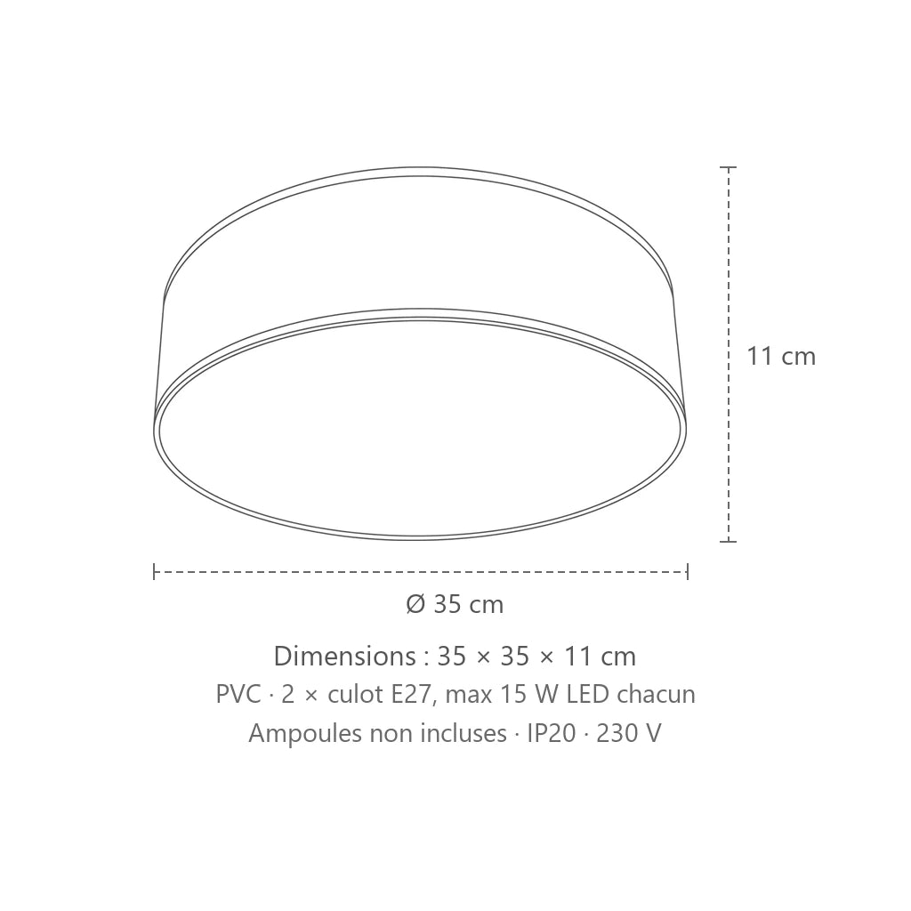 Dimensions : plafonnier rond cylindrique blanc ou noir (Ø 35 cm), 35 × 35 × 11 cm