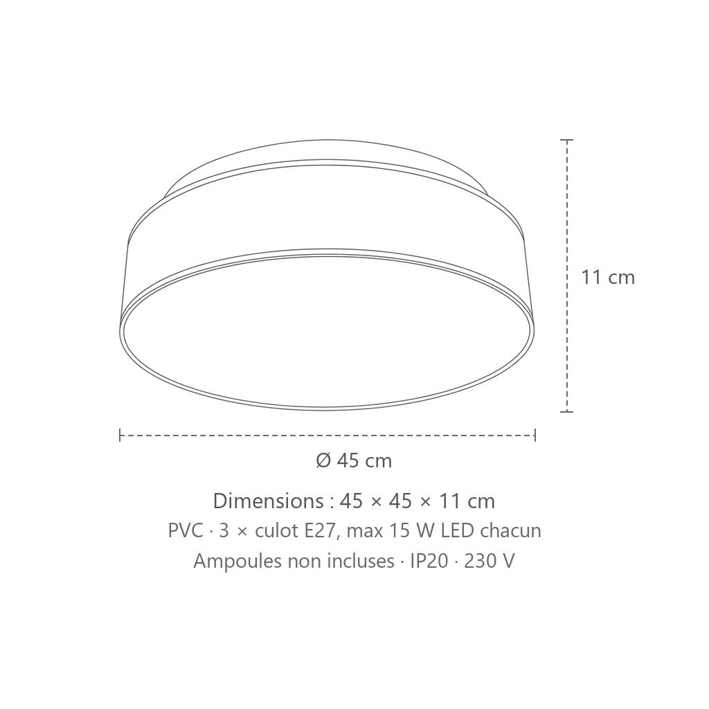 Dimensions : plafonnier rond cylindrique blanc ou noir (Ø 45 cm), 45 × 45 × 11 cm