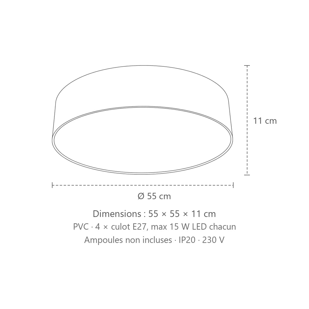 Dimensions : plafonnier rond cylindrique blanc ou noir (Ø 55 cm), 55 × 55 × 11 cm