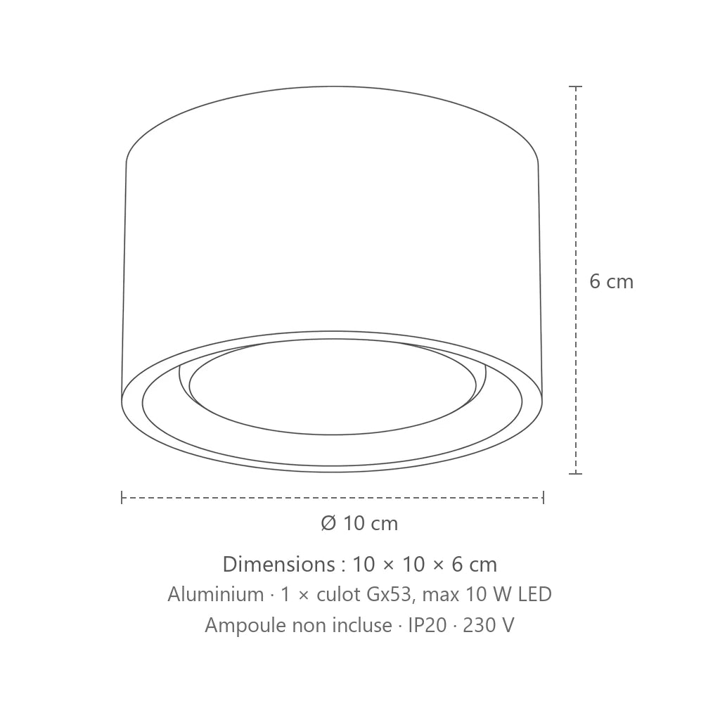 Dimensions : plafonnier rond extra-plat en aluminium (1 lumière), 10 × 10 × 6 cm