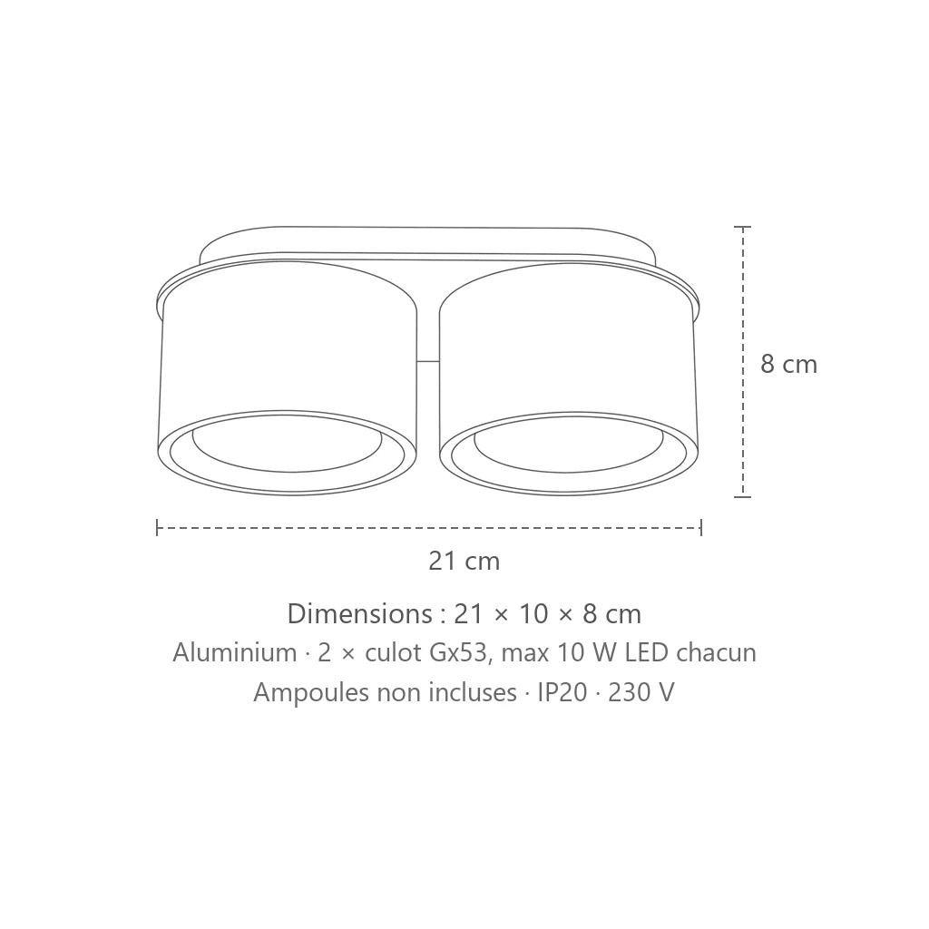 Dimensions : plafonnier rond extra-plat en aluminium (2 lumières), 21 × 10 × 8 cm
