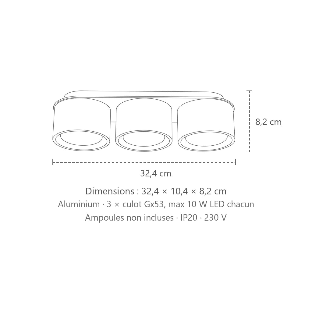 Dimensions : plafonnier rond extra-plat en aluminium (3 lumières), 32,4 × 10,4 × 8,2 cm