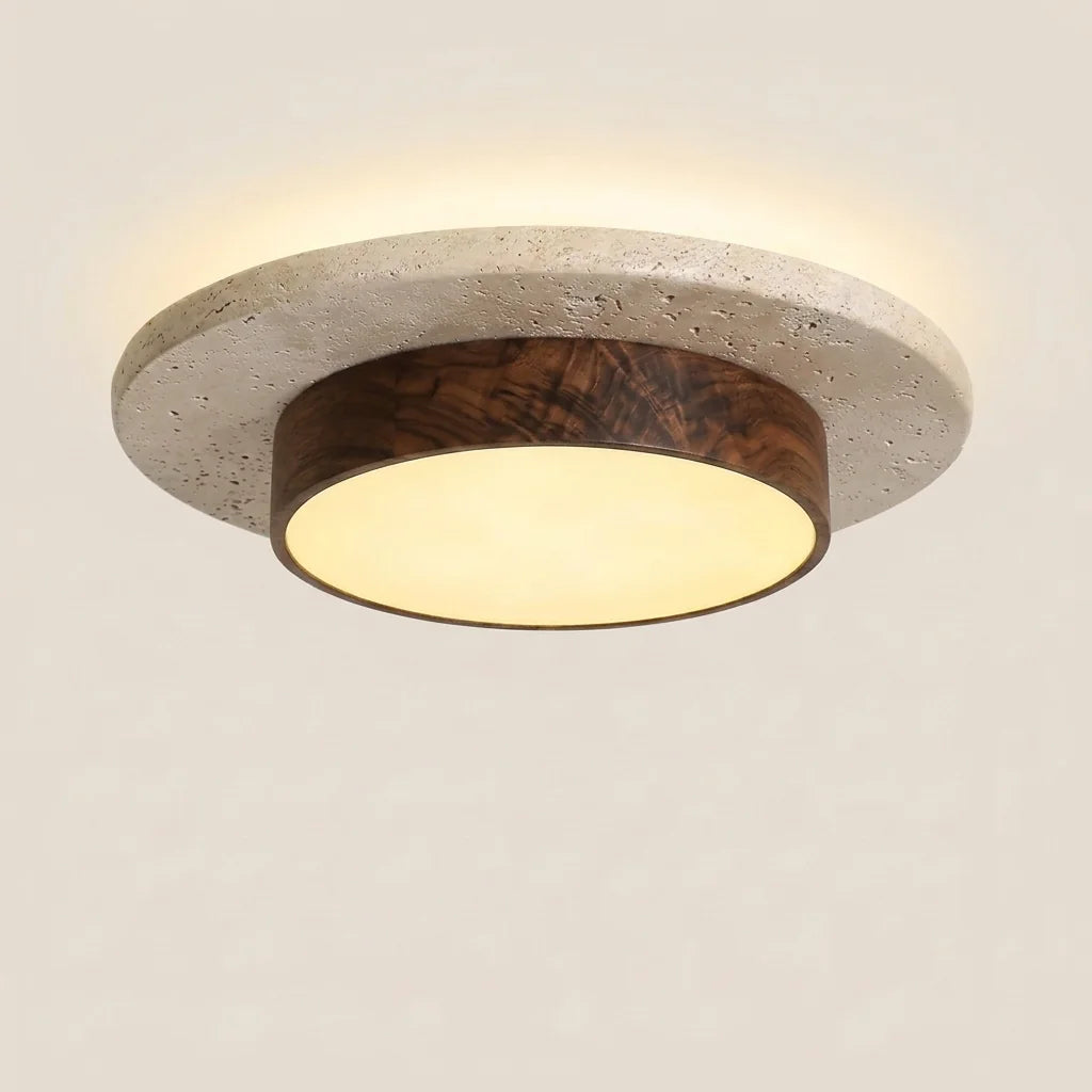 Plafonnier rond en travertin sur cadre en noyer
