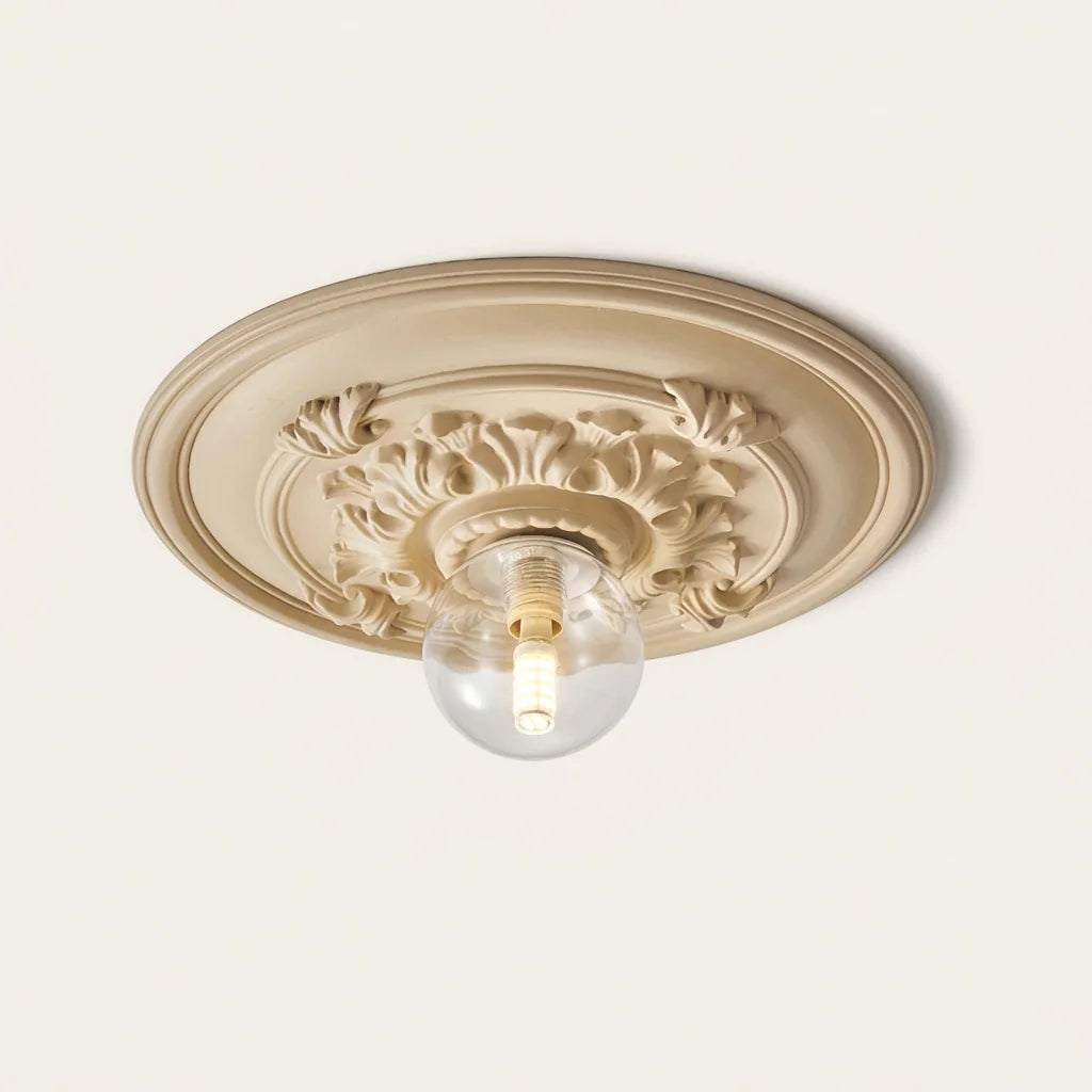 Plafonnier à rosace baroque crème et globe transparent (D)