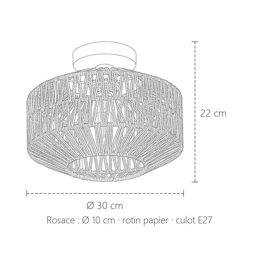 Dimensions du plafonnier en rotin papier : Ø 30 cm, 22 cm de haut